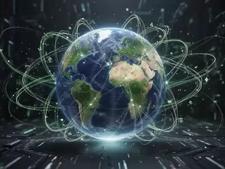Eine stilisierte Weltkugel mit leuchtenden Linien, die globale Lieferketten und Datenflüsse symbolisieren, vor dunklem Hintergrund. - Foto: über boerse-global.de