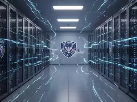 Digital rendering of a secure government cloud server room with blue data streams, symbolizing AI integration in defense. - Foto: über boerse-global.de