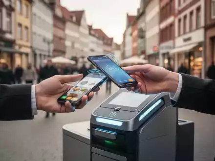 Eine Hand hält ein Smartphone, das eine kontaktlose Zahlung an einem modernen Kassenterminal in Deutschland durchführt. - Foto: über boerse-global.de