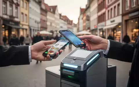 Eine Hand hält ein Smartphone, das eine kontaktlose Zahlung an einem modernen Kassenterminal in Deutschland durchführt. - Foto: über boerse-global.de