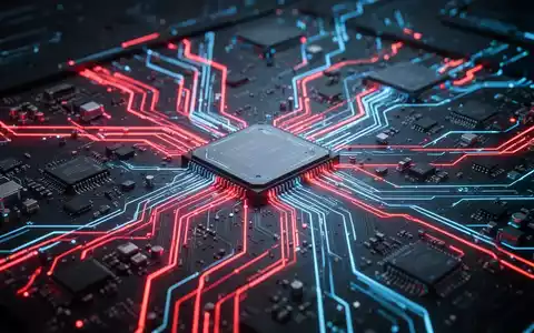 A close-up of an illuminated circuit board with glowing red and blue lines, symbolizing data processing within computer hardware. - Foto: über boerse-global.de