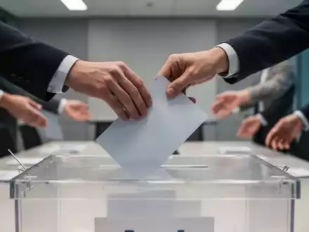Eine Hand wirft einen Stimmzettel in eine Wahlurne, im Hintergrund andere Hände unscharf, symbolisiert eine Abstimmung. - Foto: über boerse-global.de