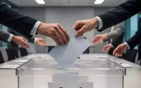 Eine Hand wirft einen Stimmzettel in eine Wahlurne, im Hintergrund andere Hände unscharf, symbolisiert eine Abstimmung. - Foto: über boerse-global.de
