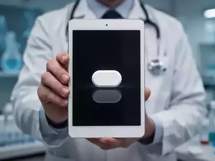 Eine Person hält eine einzelne weiße Tablette, die Medikamente zum Abnehmen symbolisiert, vor einem verschwommenen medizinischen Hintergrund. - Foto: über boerse-global.de