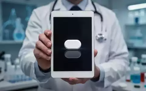 Eine Person hält eine einzelne weiße Tablette, die Medikamente zum Abnehmen symbolisiert, vor einem verschwommenen medizinischen Hintergrund. - Foto: über boerse-global.de