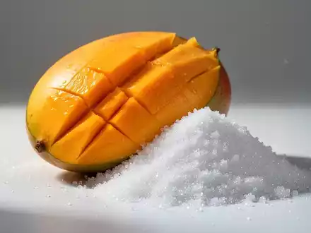 Eine aufgeschnittene, reife Mango neben einem Haufen Zucker, visuell kontrastreich und minimalistisch dargestellt. - Foto: über boerse-global.de