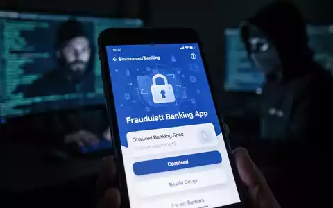 Ein Smartphone zeigt eine gefälschte Banking-App, im Hintergrund verschwommen sind digitale Bedrohungen und Cyberkriminalität zu sehen. - Foto: über boerse-global.de