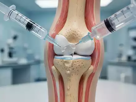 Eine Spritze injiziert ein Gel in ein stilisiertes menschliches Kniegelenk, das den Knorpelbereich hervorhebt, in einem medizinischen Labor. - Foto: über boerse-global.de