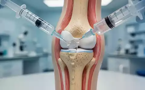 Eine Spritze injiziert ein Gel in ein stilisiertes menschliches Kniegelenk, das den Knorpelbereich hervorhebt, in einem medizinischen Labor. - Foto: über boerse-global.de
