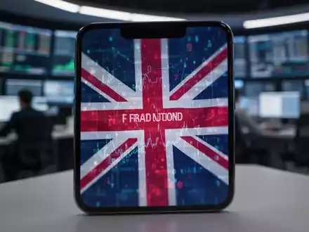 A smartphone screen with a blurred digital pattern representing AI fraud, subtly overlaid with a UK flag. Financial office in background. - Foto: über boerse-global.de