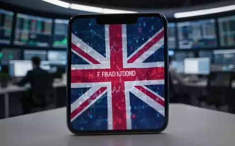 A smartphone screen with a blurred digital pattern representing AI fraud, subtly overlaid with a UK flag. Financial office in background. - Foto: über boerse-global.de