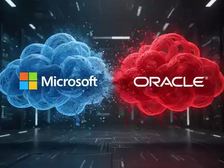 Two digital clouds, one blue and one red, intertwining and then separating, symbolizing a collapsed tech deal. - Foto: über boerse-global.de