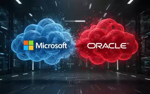Two digital clouds, one blue and one red, intertwining and then separating, symbolizing a collapsed tech deal. - Foto: über boerse-global.de