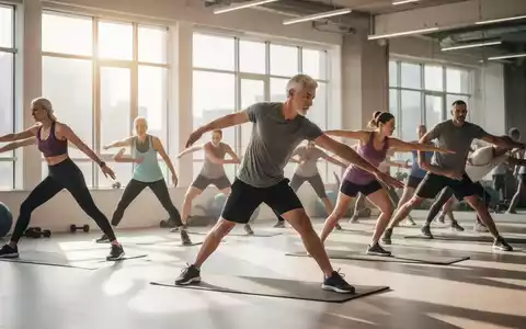 Eine vielfältige Gruppe von Menschen jeden Alters, die in einem hellen Fitnessstudio Dehnübungen machen, um Mobilität und Muskelaufbau zu fördern. - Foto: über boerse-global.de