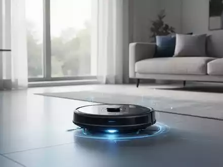 Ein moderner Saugroboter reinigt autonom ein stilvolles Wohnzimmer, symbolisierend Automatisierung und technologischen Fortschritt im Haushalt. - Foto: über boerse-global.de
