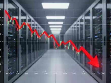 Ein fallender Aktienkurs auf einem digitalen Diagramm mit einem roten Abwärtspfeil vor dem Hintergrund eines Rechenzentrums. - Foto: über boerse-global.de
