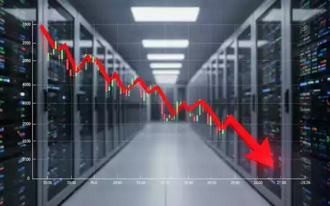 Ein fallender Aktienkurs auf einem digitalen Diagramm mit einem roten Abwärtspfeil vor dem Hintergrund eines Rechenzentrums. - Foto: über boerse-global.de