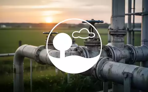 Nahaufnahme von Industrieleitungen und Ventilen einer Biogasanlage vor verschwommenen grünen Feldern bei Sonnenuntergang. - Foto: über boerse-global.de