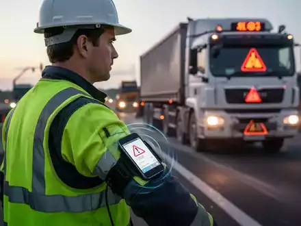Ein Bauarbeiter in Warnkleidung erhält eine Warnung auf einem Armband. Im Hintergrund ist ein LKW auf einer Baustelle zu sehen. - Foto: über boerse-global.de