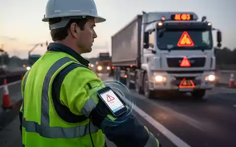 Ein Bauarbeiter in Warnkleidung erhält eine Warnung auf einem Armband. Im Hintergrund ist ein LKW auf einer Baustelle zu sehen. - Foto: über boerse-global.de