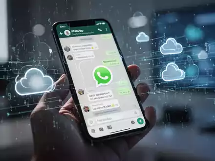 A smartphone displaying WhatsApp, with cloud and data icons suggesting backup issues. A hand holds the phone in a modern setting. - Foto: über boerse-global.de