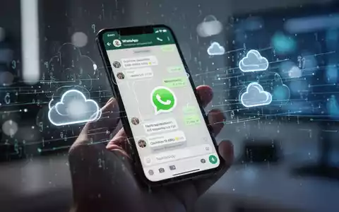 A smartphone displaying WhatsApp, with cloud and data icons suggesting backup issues. A hand holds the phone in a modern setting. - Foto: über boerse-global.de