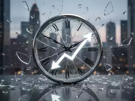 Eine zerbrochene Uhr, deren Scherben einen Abwärtstrendpfeil bilden, vor einem unscharfen Finanzviertel bei Dämmerung. - Foto: über boerse-global.de