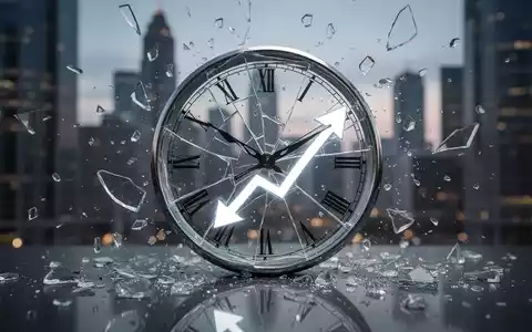 Eine zerbrochene Uhr, deren Scherben einen Abwärtstrendpfeil bilden, vor einem unscharfen Finanzviertel bei Dämmerung. - Foto: über boerse-global.de