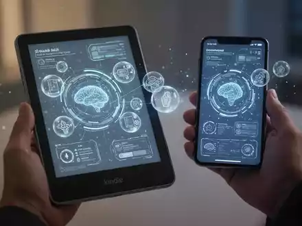 A person's hands holding a modern e-reader and a smartphone, displaying advanced user interfaces and AI features. - Foto: über boerse-global.de