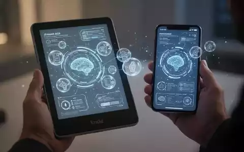 A person's hands holding a modern e-reader and a smartphone, displaying advanced user interfaces and AI features. - Foto: über boerse-global.de