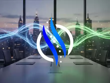 Zwei Lichtstrahlen, blau und grün, verschmelzen über einem Konferenztisch, symbolisieren die Allianz von Telix Pharmaceuticals und United Imaging. - Foto: über boerse-global.de