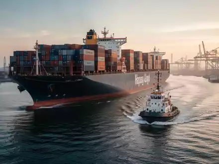 Ein großes Containerschiff von einem kleineren Schiff in einem geschäftigen Hafen bei Sonnenuntergang umgeben. - Foto: über boerse-global.de