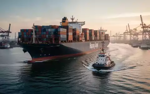 Ein großes Containerschiff von einem kleineren Schiff in einem geschäftigen Hafen bei Sonnenuntergang umgeben. - Foto: über boerse-global.de