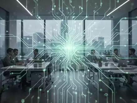 Ein abstraktes Bild, das die Integration von Künstlicher Intelligenz in Geschäftsprozesse darstellt, mit einem leuchtenden neuronalen Netz in einem modernen Büroumfeld. - Foto: über boerse-global.de