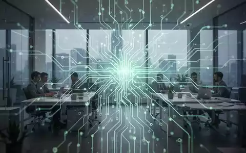 Ein abstraktes Bild, das die Integration von Künstlicher Intelligenz in Geschäftsprozesse darstellt, mit einem leuchtenden neuronalen Netz in einem modernen Büroumfeld. - Foto: über boerse-global.de