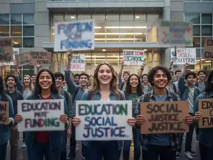 Eine Gruppe von Schülern und Lehrern demonstriert vor einer Schule, um gegen Bildungskürzungen zu protestieren. - Foto: über boerse-global.de