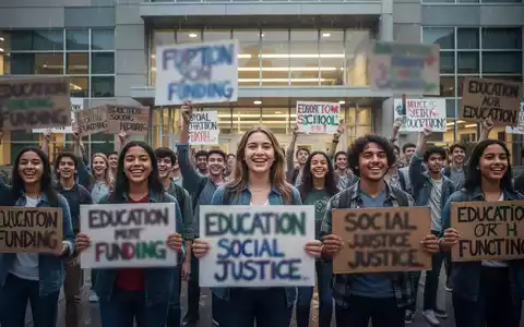 Eine Gruppe von Schülern und Lehrern demonstriert vor einer Schule, um gegen Bildungskürzungen zu protestieren. - Foto: über boerse-global.de