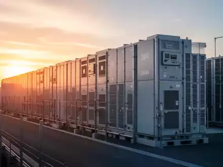 Eine riesige Batteriespeicheranlage in der Morgensonne, mit Fokus auf modulare Batterieeinheiten, die 20 MWh Kapazität andeuten. - Foto: über boerse-global.de