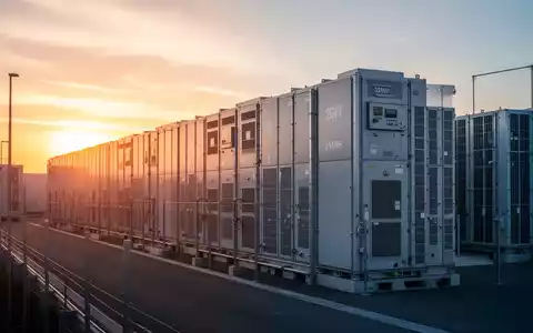 Eine riesige Batteriespeicheranlage in der Morgensonne, mit Fokus auf modulare Batterieeinheiten, die 20 MWh Kapazität andeuten. - Foto: über boerse-global.de