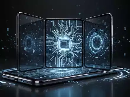 A futuristic tri-fold smartphone with a complex circuit board design on its screen, symbolizing advanced technology. - Foto: über boerse-global.de