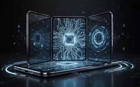A futuristic tri-fold smartphone with a complex circuit board design on its screen, symbolizing advanced technology. - Foto: über boerse-global.de