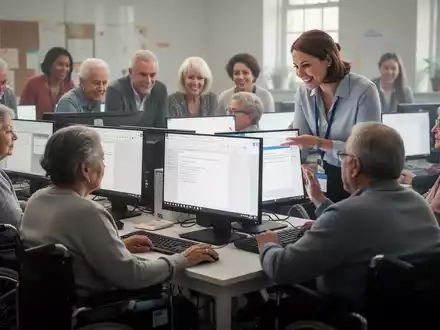 Diverse adults learning Microsoft Word in a computer lab, an instructor helping them. Focus on digital literacy and skill development. - Foto: über boerse-global.de