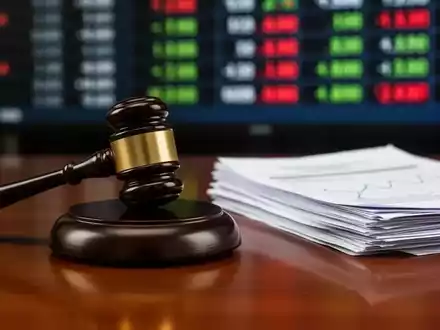Ein Nahaufnahme eines Holzhammers auf einem Schreibtisch neben Finanzdokumenten, mit einem unscharfen Börsenticker im Hintergrund. - Foto: über boerse-global.de