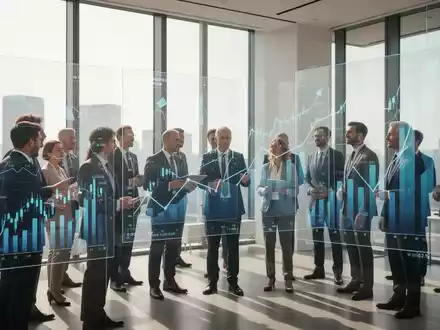 Geschäftsleute in einem modernen Büro, die Finanzdaten auf transparenten Bildschirmen analysieren und auf Wachstum hindeuten. - Foto: über boerse-global.de