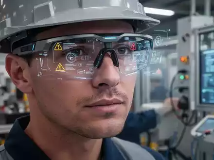 Sleek AI safety glasses with augmented reality overlays worn by an industrial worker in a modern manufacturing facility. - Foto: über boerse-global.de