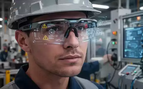 Sleek AI safety glasses with augmented reality overlays worn by an industrial worker in a modern manufacturing facility. - Foto: über boerse-global.de