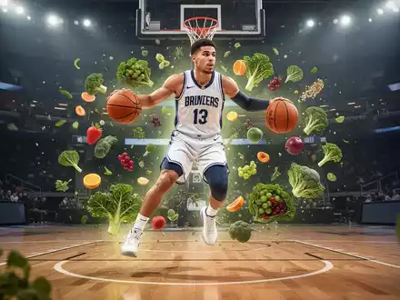 Ein Basketballspieler, der Jalen Brunson ähnelt, in Aktion auf dem Spielfeld, umgeben von pflanzlichen Lebensmitteln. - Foto: über boerse-global.de