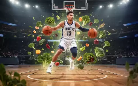 Ein Basketballspieler, der Jalen Brunson ähnelt, in Aktion auf dem Spielfeld, umgeben von pflanzlichen Lebensmitteln. - Foto: über boerse-global.de