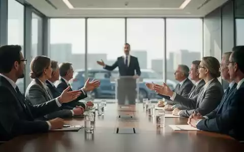 Aktionäre in einem modernen Konferenzraum stärken einer neuen Führungskraft den Rücken, symbolisch für Toyotas Übergang. - Foto: über boerse-global.de
