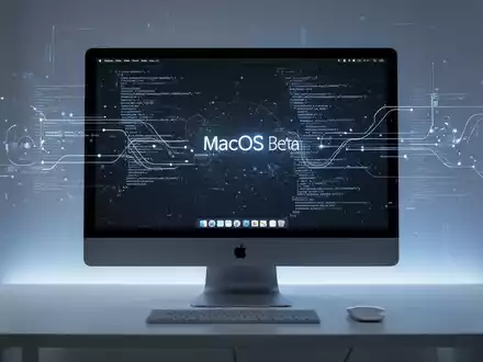 A close-up of a modern Apple iMac screen displaying the macOS beta interface, with abstract digital lines and code reflecting on its surface. - Foto: über boerse-global.de
